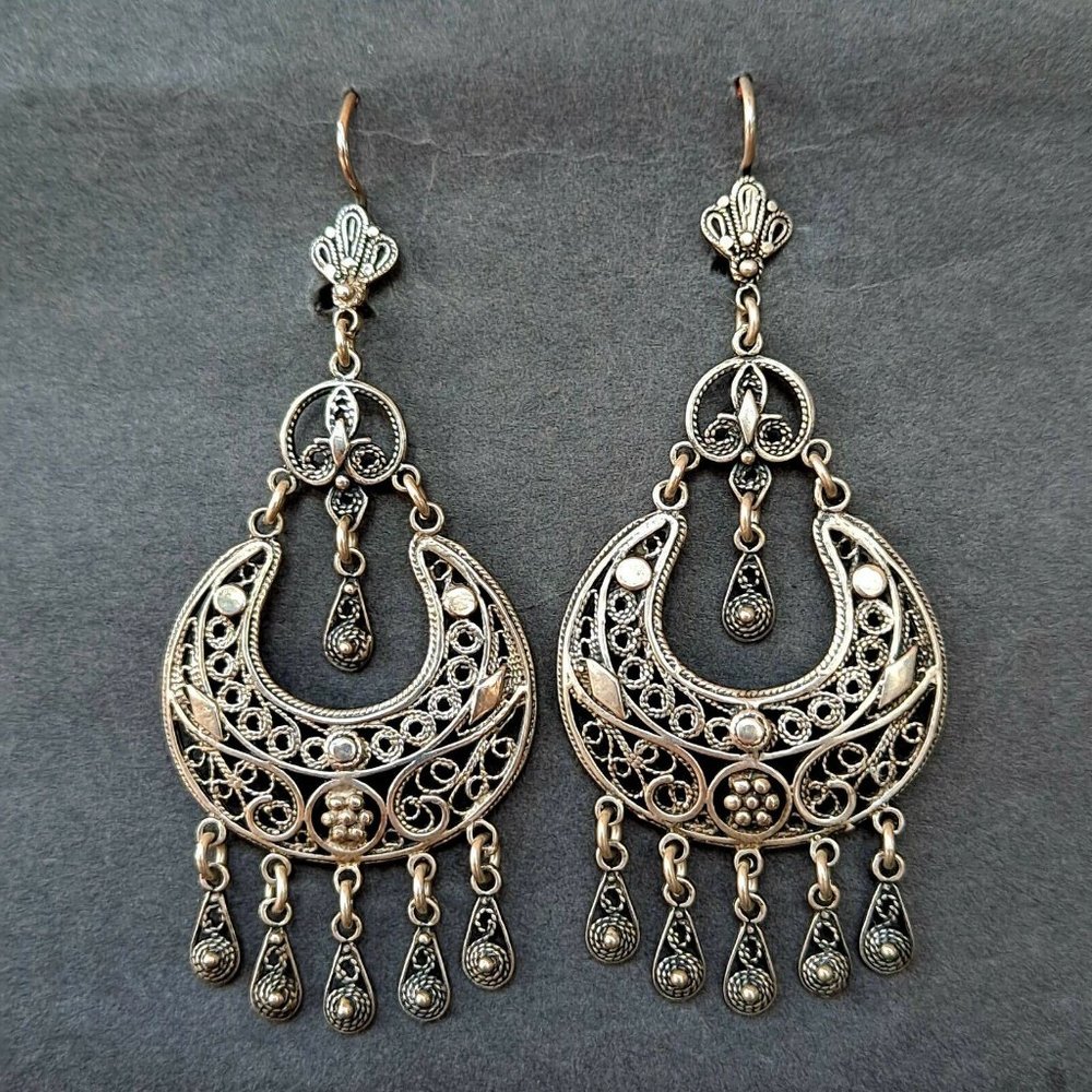 Hand Tooled Greek Oxidized Silver Swirl Boho Earrings